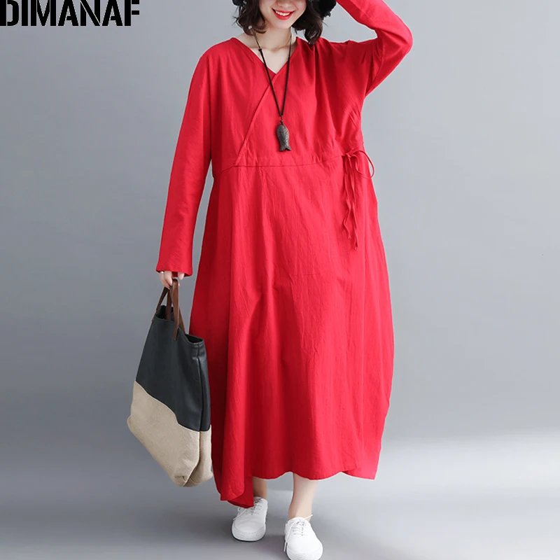

DIMANAF Women Dress Plus Size Autumn Linen Femme Lady V-Neck Elegant Vestidos Solid With Sashes Slim Loose Oversized Long Dress