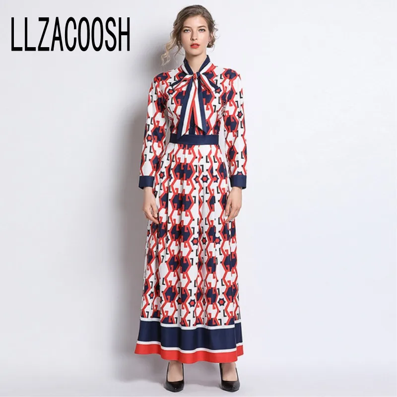 

Runway Designer Back stripe Floor-Length Maxi Dress 2019 Fall Women Bow Tie Collar Hit Color Flower Printing Swing Pleated Dress