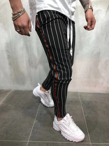 Harlan pants autumn new European and American style men's slim personality casual pants sports stripes design jogging trousers - Цвет: Черный