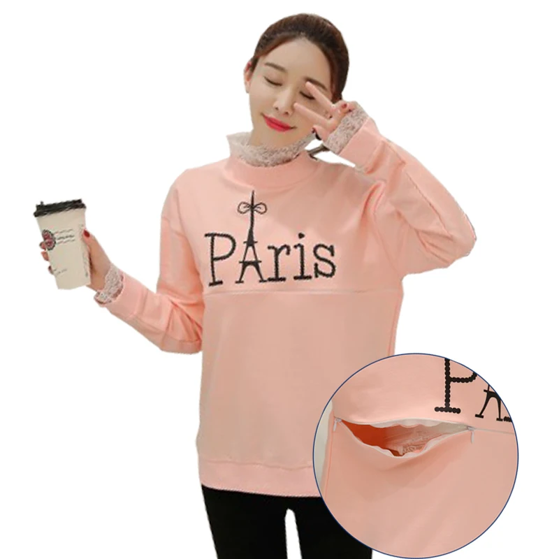 

Pregnant Pullover Sweatshirts Breastfeeding Hoodie Cotton Terry Pink Maternity Hoodies Lace Turtleneck Jacket Kangaroo