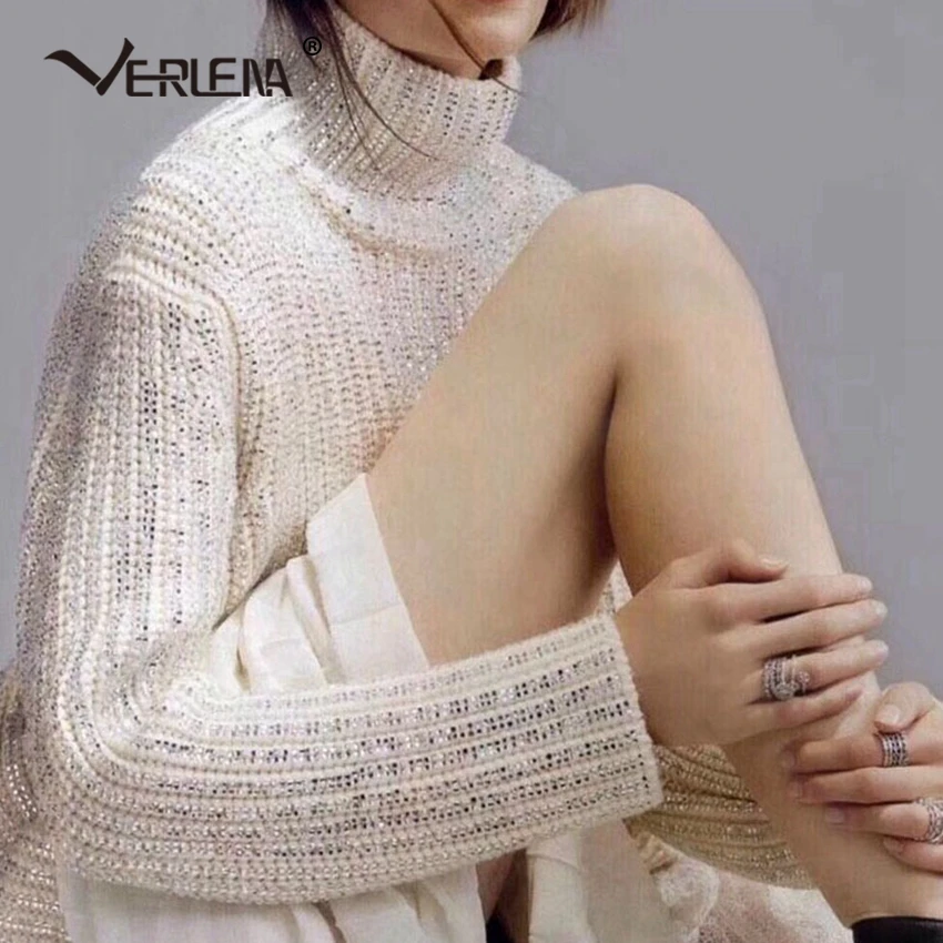 

Wool Funnel Turtleneck Runway Shining Sequin White Sweater Women Fashion VERLENA 2019 Winter New Long Sleeve Rib Jumper Pullover