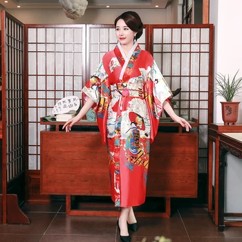 

Satin Japanese Style Novelty Kimono Yukata With Obi Sexy Women Bathrobe Gown Black Peacock Evening Party Dress Stage Clothing