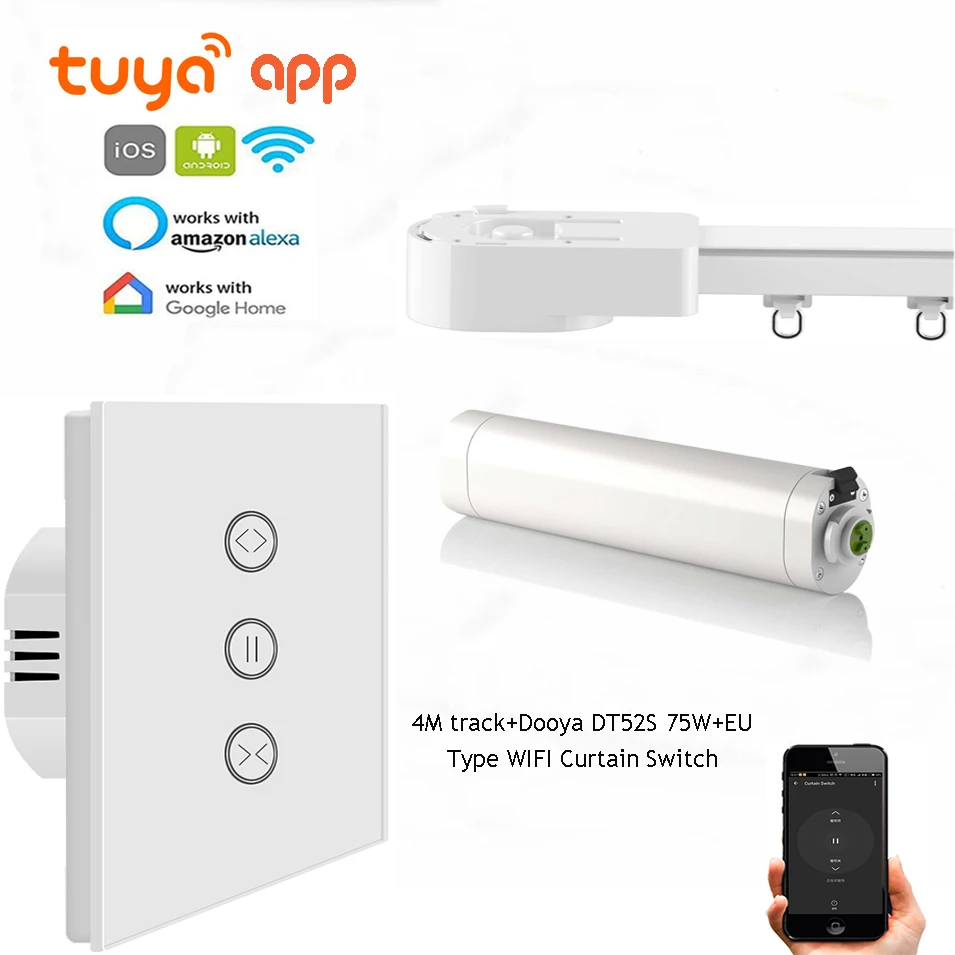 Tuya App Curtain Rod Automation System,Dooya DT52S 75W+4M or Less Track+EU Type WIFI Curtain Switch,Support Alexa Google Home