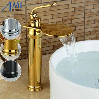 

Big Waterfall Basin Faucets Bathroom Basin Sink Brass Mixer Tap Hot Cold Golden Polished Faucet Waterfall Mixer Bathroom Faucet