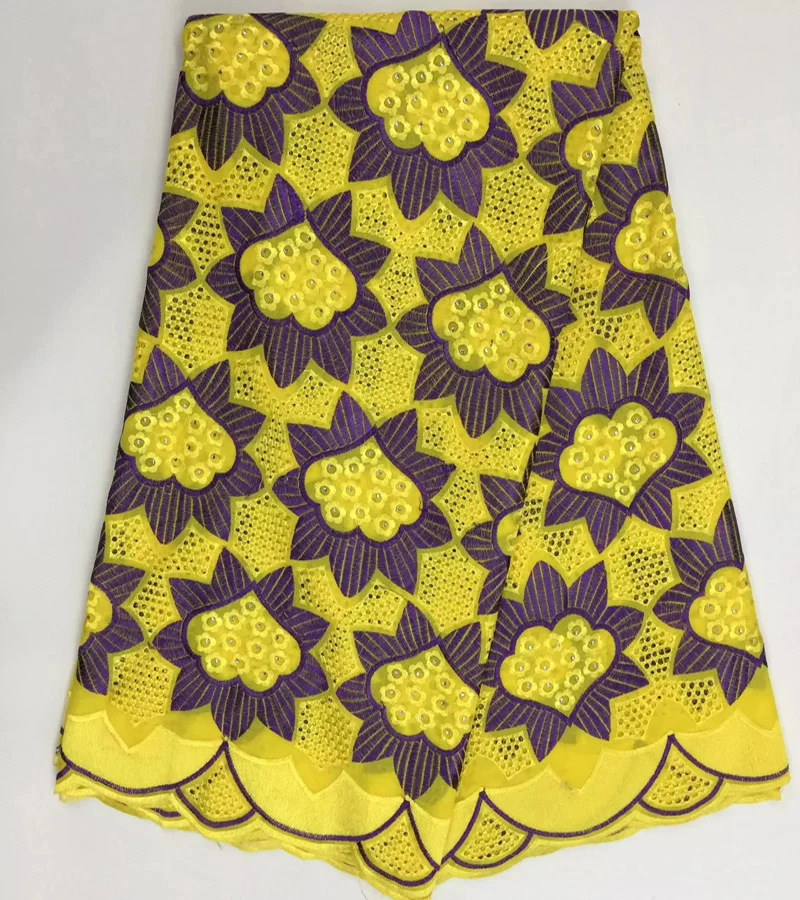 

Free shipping (5yards/pc) soft Swiss lace fabric embroidered African cotton lace fabric in yellow and purple for dress CLS52