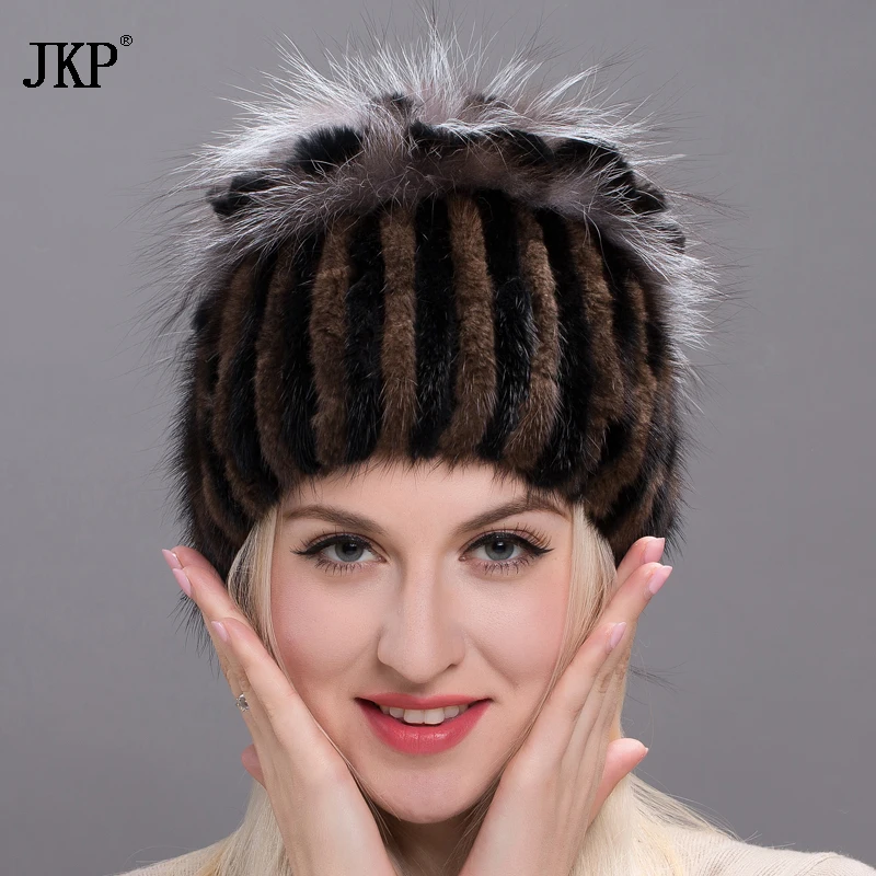 женская меховая шапка вязаная шапочка для женищи с помпоном кролик лисы помпон