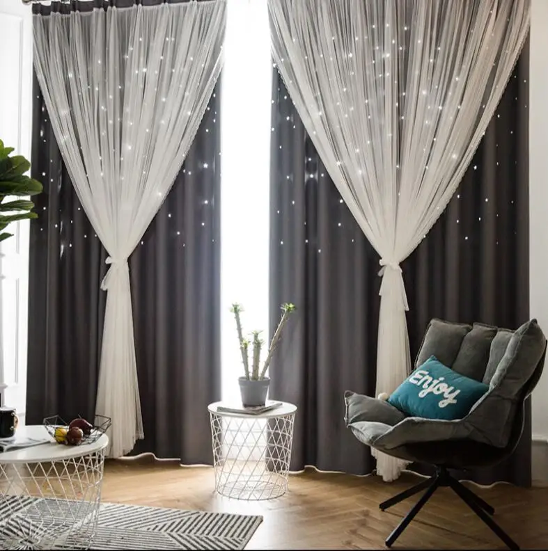 

Ins Nordic Ins Modern Tulle+Black Out Double Curtains with StarTassel High Black Out Blinds Window Curtains For Livingroom