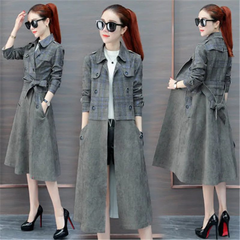 

2019 New Fashion Ladies Long Trench Coat Spring Autumn Women's Korean Loose Waist bf Harajuku Plaid Coat X516