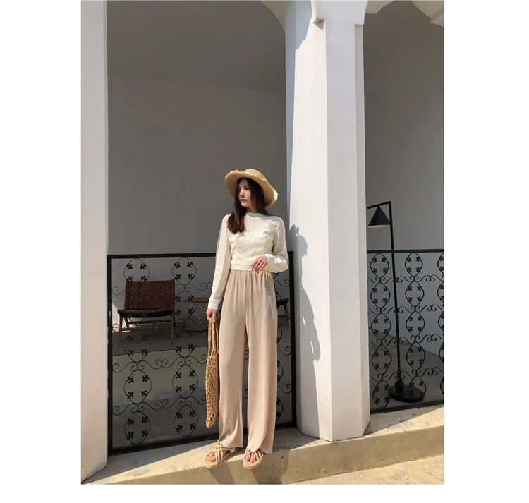 Летние Элегантные женские брюки с высокой талией Pantalon Mujer корейские Boho пляжные шифоновые свободные длинные плиссированные широкие брюки 0732LW503