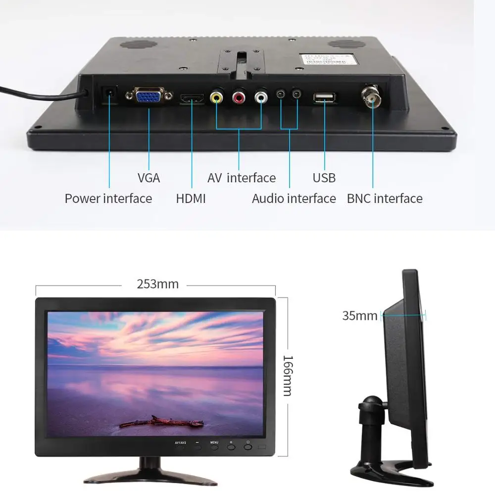  10.1 Inch 1280x800 LCD Touch Mini Computer Display LED Screen 2Channel Video Input Security Monitor