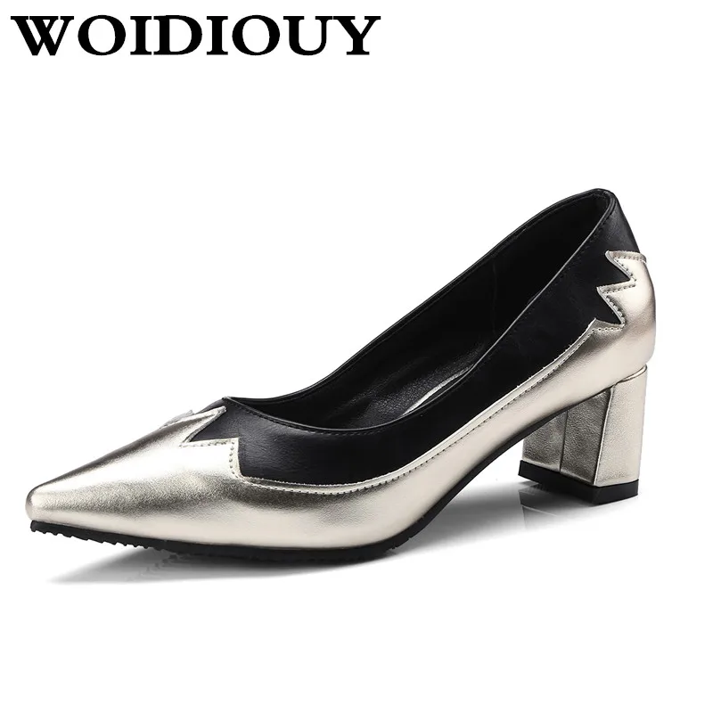 

Women's High Heeled Shoes Silver Gold Pointed Toe Women Girl's Pumps Thick Heels Ladies Female Office Wedding Shoes Bithday Gift