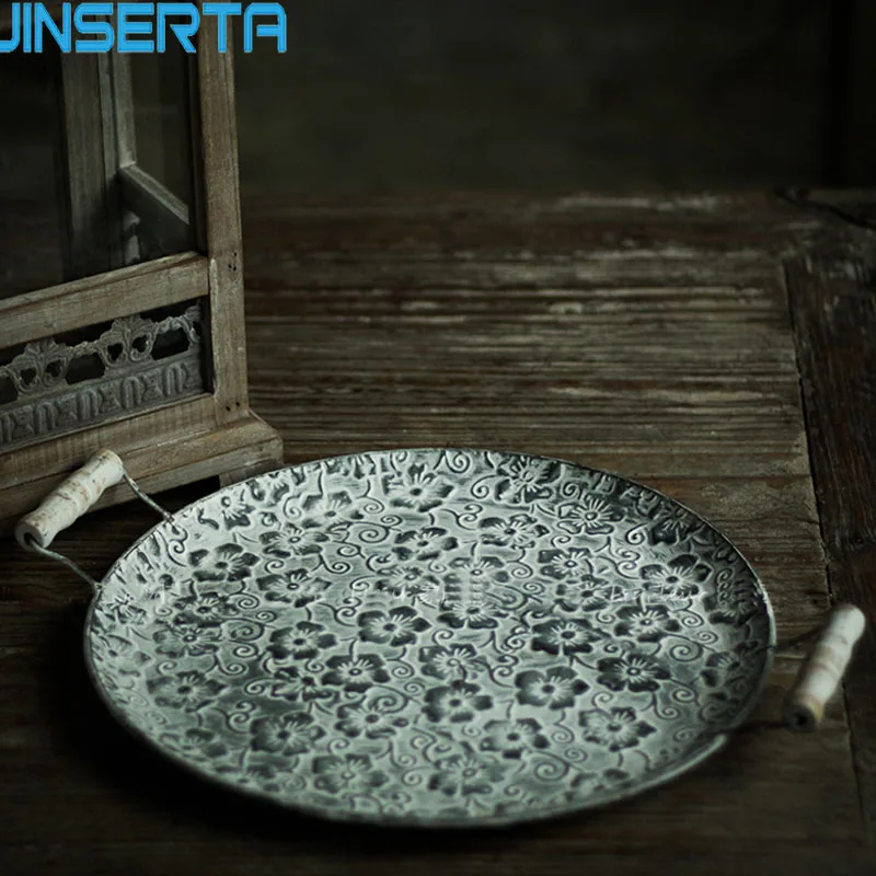 

JINSERTA Handcrafted Round Flat Metal Plate Retro Dessert Cake Bread Plate Decorative Antique Serving Tray with Handles