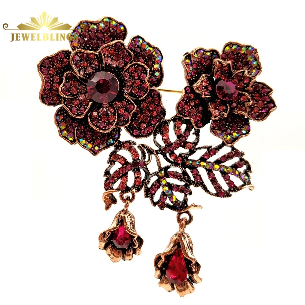 Luxury Vintage AB Accent Red Crystal Double Flower Brooches with Drops Micro Pave Designer Leaf Two Floral Pins Women Accessory | Украшения