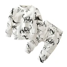 2 шт./компл. хлопок осень Стиль комплект одежды для маленьких мальчиков и девочек Одежда для новорожденных для отдыха для малышей с принтом динозавр костюм(футболка+ штаны), комплект одежды