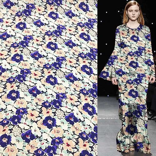 

100% silk Crepe DE chine silk fabric Fashion blue and beige flower print,SCDC828