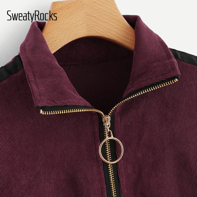 SweatyRocks بورجوندي البريدي نصف بلاكيت كودري البلوز التباين الشريط الجانب الوقوف طوق 2018 الخريف عارضة المرأة المحاصيل قمم