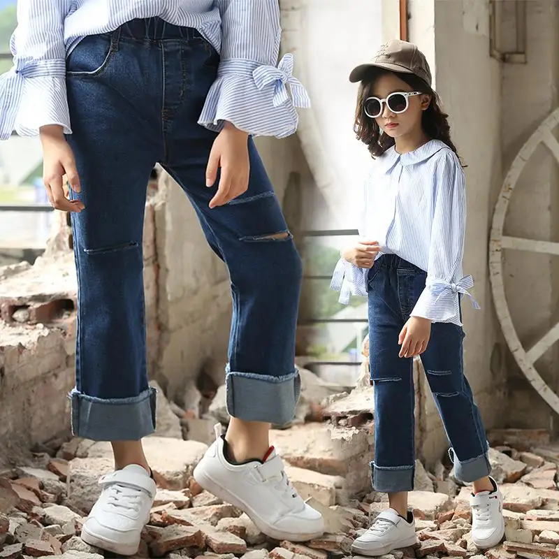 Модные джинсы для девочек, fille enfant, штаны с высокой талией, джинсы с дырками для девочек-подростков, брюки, одежда для детей, джинсовые штаны - Цвет: Синий