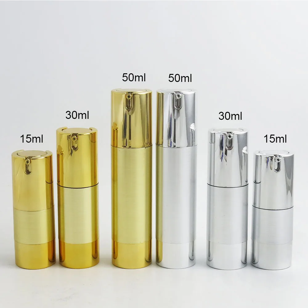

300 x 15ml 30ml 50ml Aluminum Airless lotion Pump Bottle 1OZ Airless Container 30ML Lotion Airless Packaging Gold Silver Color