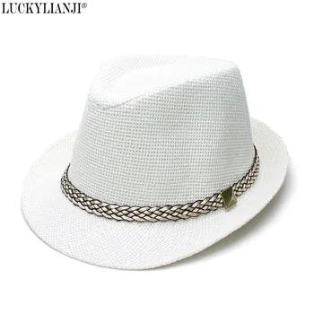 

LUCKYLIANJI Women's Men's Unisex's Straw Fedora Sun Beach Jazz Hat Rivet Braid Rope (One Size 58cm)