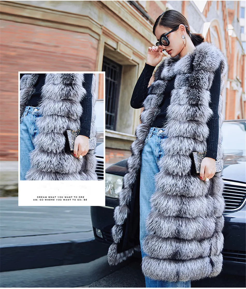 Жилет женский длинный из Меха чернобурки без рукавов 110 см|silver fox fur vest|fox vestsilver vest |