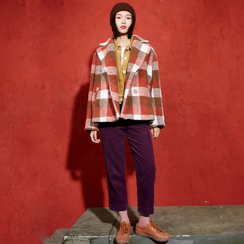 Samstree, зимнее женское короткое пальто, элегантный дизайн, Женское пальто, двубортное, в клетку, с отложным воротником, женское короткое пальто, верхняя одежда - Цвет: Orange