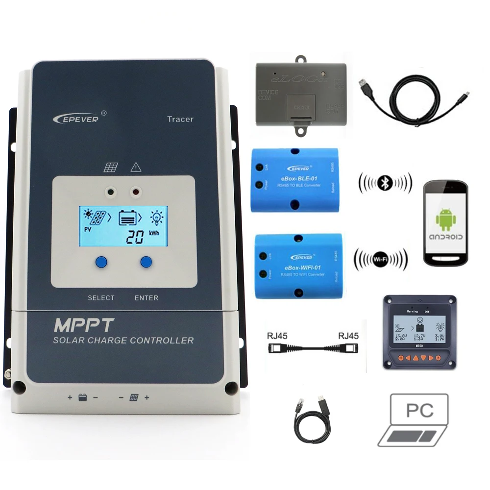 

Tracer 50/60/80/100A MPPT Solar Charge Controller 12V 24V 36V 48V EPEVER Regulator MT50 WIFI Bluetooth PC Communication Mobile A