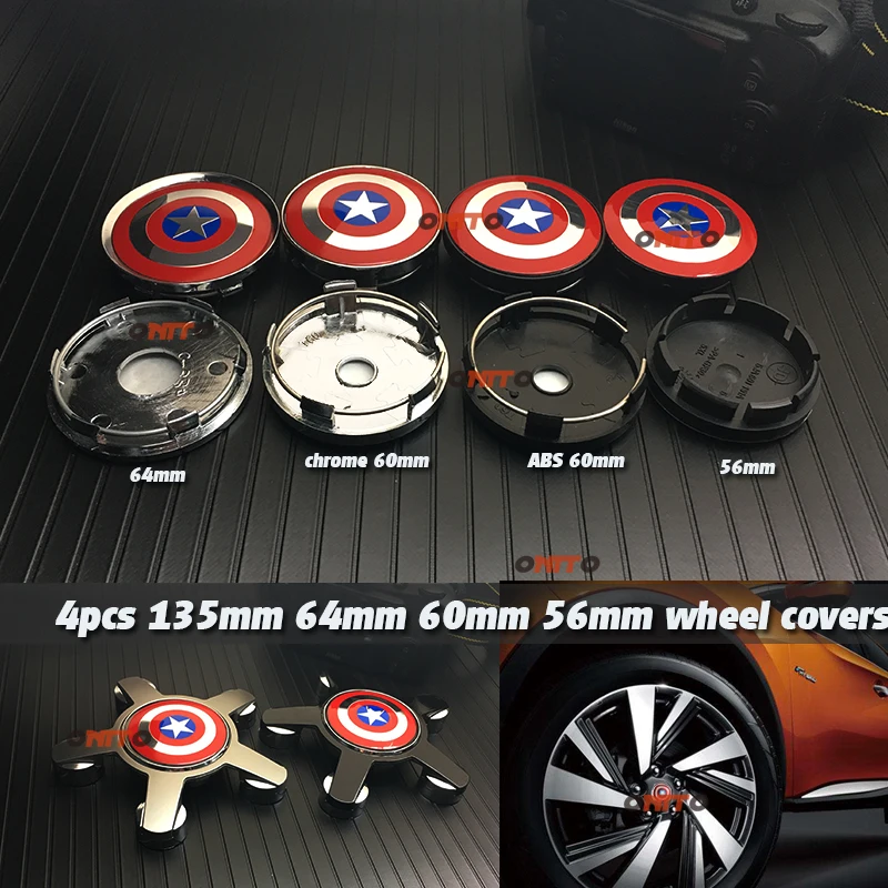 

4x 2.2" Captain America Shield Logo Car Styling Car Steering Wheel Center Hub Cap Emblem Badge Universal 60mm covers 64mm 135mm