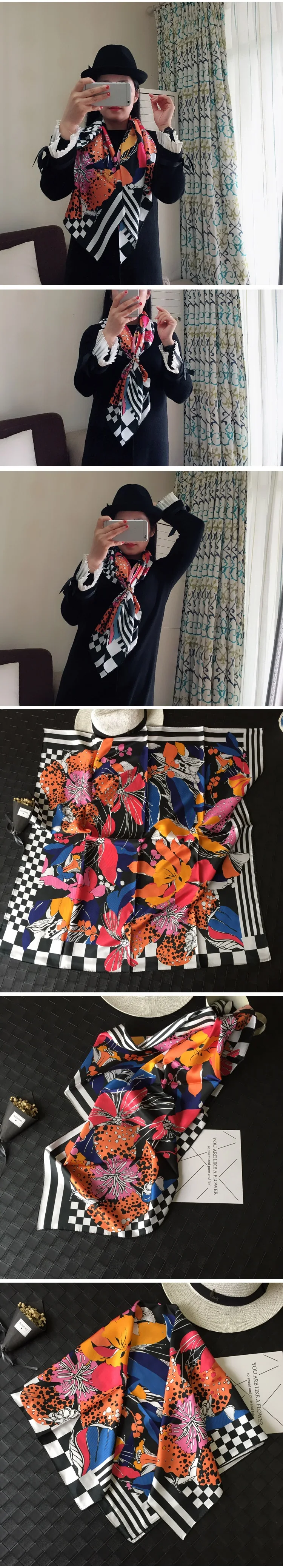 Шелковый шарф, шаль, обертывания для женщин, Модный Цветочный шелковый шарф, ручная работа, края 88*88 см