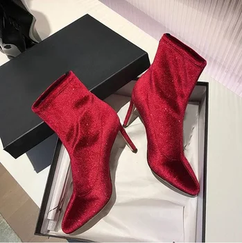 

Red Black Velvet Women's Ankle Boots Round Toe Slip-on Ladies Sock High Heels Women Boots Autumn Fashion Winter Short Boots