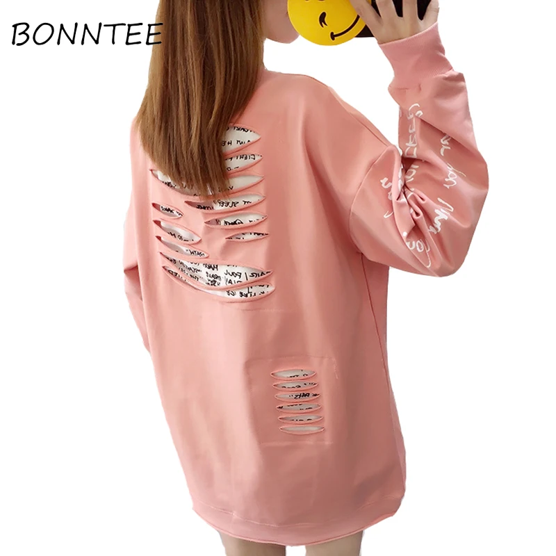 

Hoodies Hole Women Long Sleeve Letter Printed O-Neck Loose Sweatshirts Trendy Womens Pullover Chic Korean Style Lovely Casual