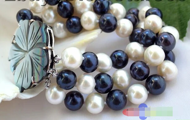 

P810 3ROW 10MM WHITE BLACK ROUND FRESHWATER PEARL BRACELET@^Noble style Natural Fine jewe SHIPPING 5.25