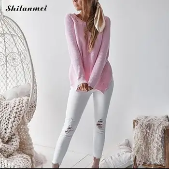 

2019 Autumn Winter Sweater Pullovers Loose Solid Color Basic Pullovers Knitted Elegant Long Sleeve Side Slit Casual Knitwear