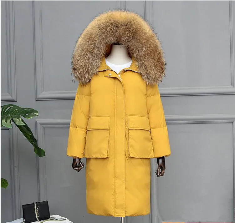 Роскошное пальто с капюшоном и воротником из натурального меха енота, зимний женский пуховик, Длинная женская парка - Цвет: Цвет: желтый