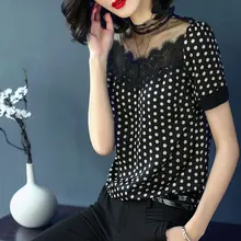 Лидер продаж; Новинка Лето Женская Мода Повседневное свободные горошек Кружево Лоскутная футболка Топы корректирующие дамы личности Рубашки для мальчиков Футболки для девочек бренд
