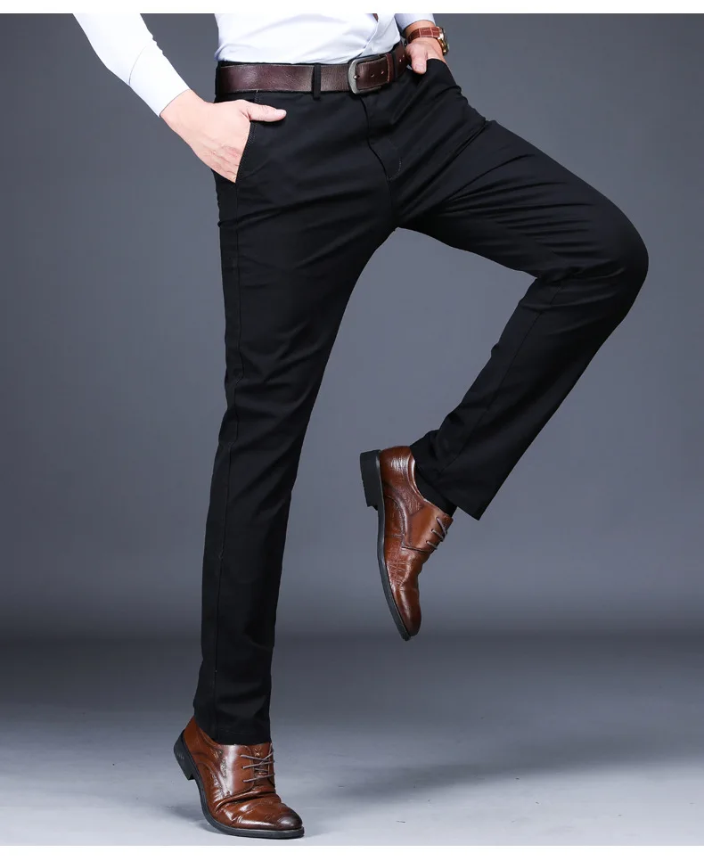 Mens Classic Trousers Black Summer Dress Pants Male Cotton Straight Fit ...