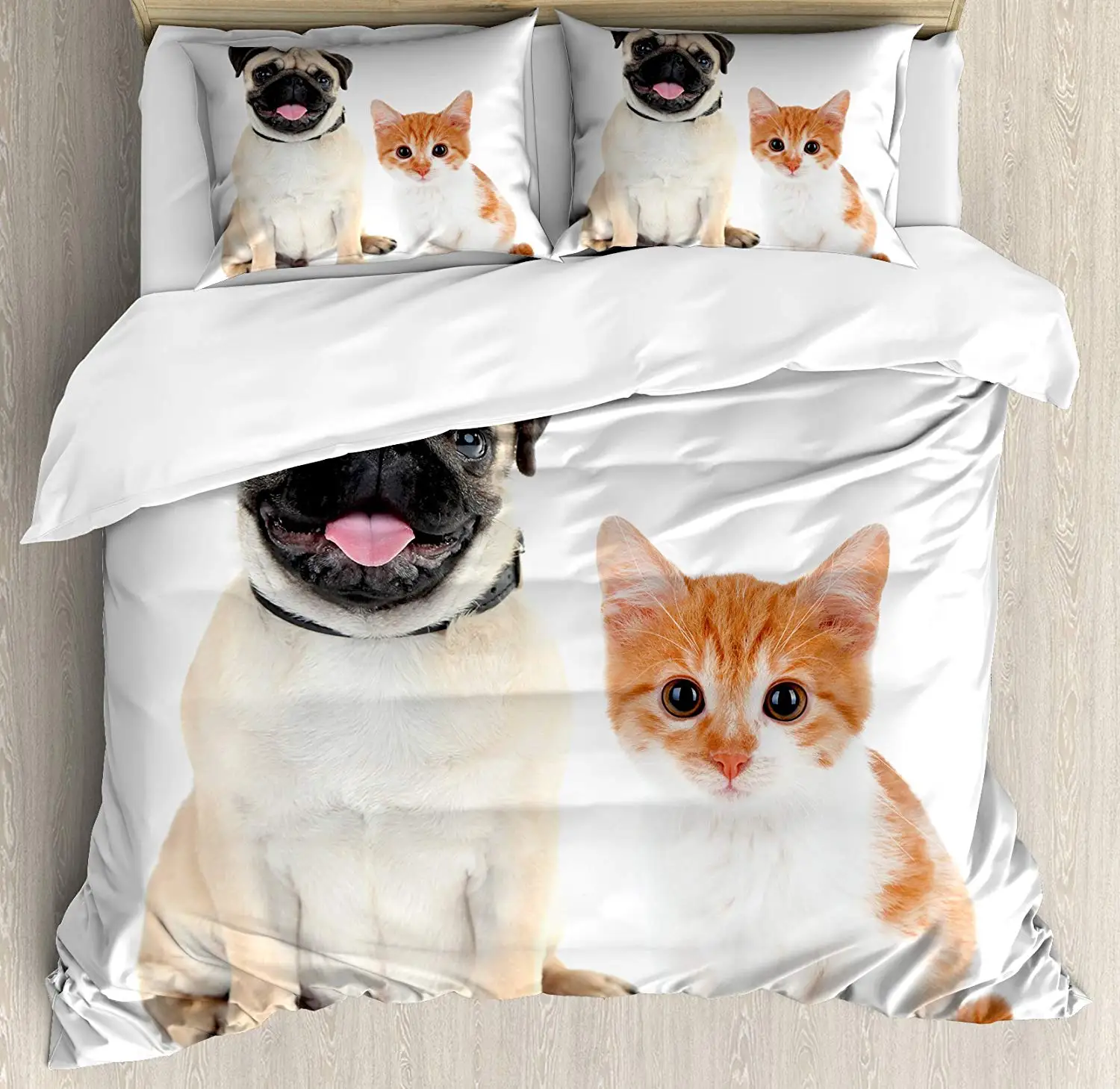 

Pug Duvet Cover Set Twin Size Adorable Kitten Puppy Photography Cute Animal Fun Young Pets Happy Image 2 Piece Bedding Set