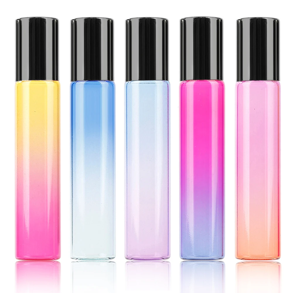 

1Pc 10/5ml Protable Travel Gradient Color Glass Essential Oil Bottle Stainless Steel Roller Ball Bottles Perfume Container Tool