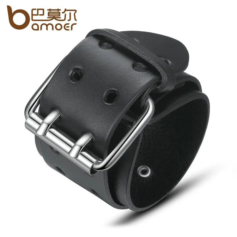 

BAMOER Wholesale 2 Color Big Wide Genuine Leather Bracelet With Alloy Clasp Fashion Men Bracelets Jewelry PI0338-2