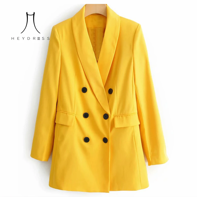 

Heydress Women Chic Yellow Blazer Double Breasted Long Sleeve Office Lady Wear Coat Solid Female Casual Outerwear Tops Bottoms