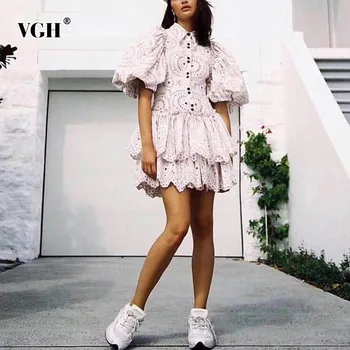 

VGH Summer Solid Hollow Out Dress For Women Lapel Collar Puff Sleeve Button Patchwork Loose A Line Dresses Fashion New Tide 2020