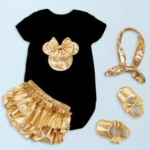 Новинка года, Осенние комплекты одежды принцессы для девочек Черная футболка золотые короткие штаны Золотая обувь аксессуары для волос