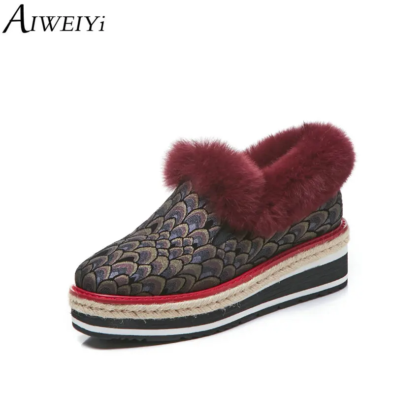 AIWEIYi Suede Leather Fur Loafers Women Boat Shoes Genuine Leather Ladies Slip On Shoes Platform Cute Flat Shoes For Women