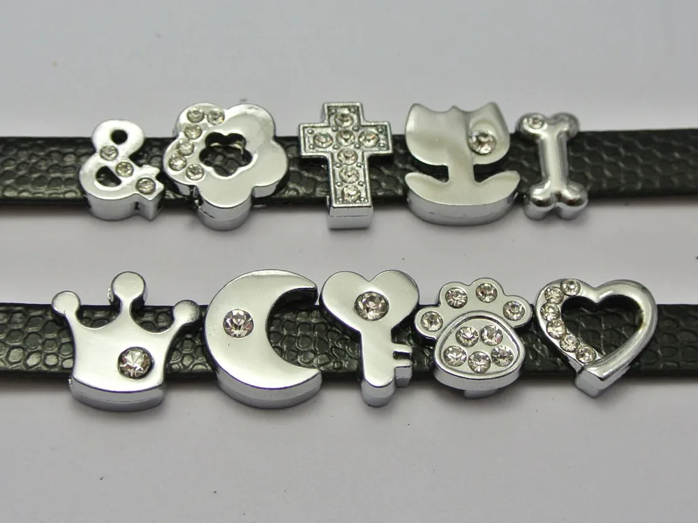 

10 Assorted Silver-plate Alloy Flower Cross Heart Slide Charms Fit 8mm Wristband
