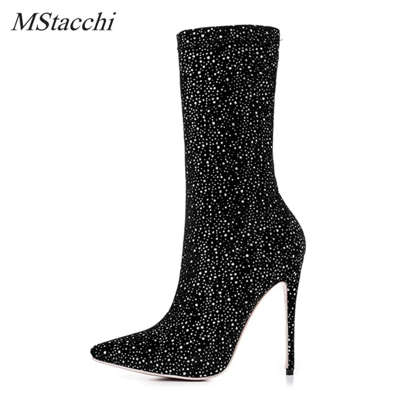 Goede Mstacchi Vrouwen Schoenen Mid Kuit Laarzen Mode Stretch Stof Dunne Hoge Hak Spitse Teen Sok Laarzen Winter Vrouwen Laarzen Maat 34 43