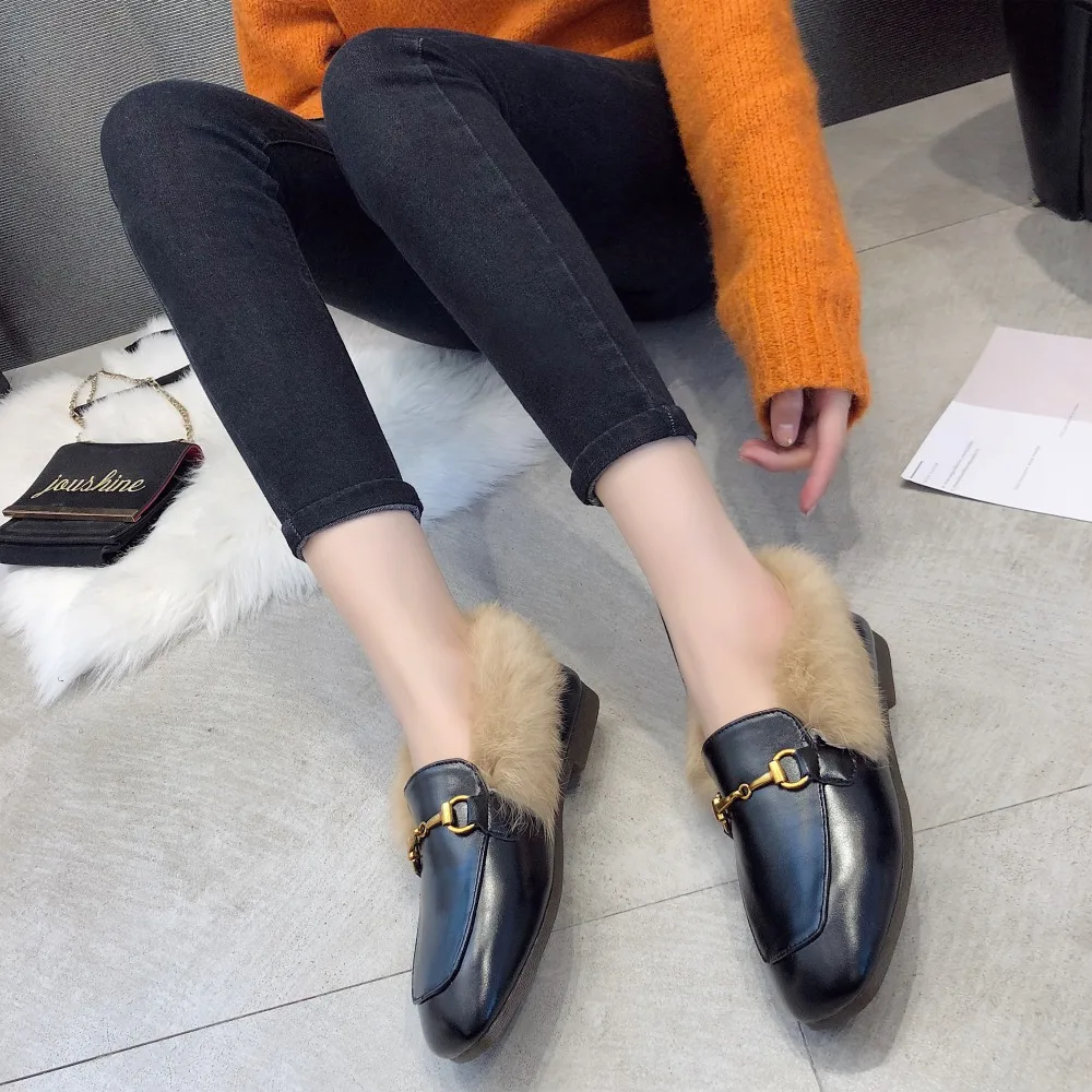 Zhexi New Women Shoes Black/Beige/Blue Flat Slip-On Ankle Shoes Sfot PU Leather Faux Fur Concise Casual