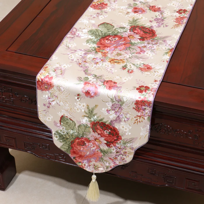 Peony Floral Jacquard Silk Satin Table Runner Fashion Simple Damask Coffee Table Cloth Rectangle