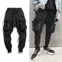 Хип-хоп шаровары с большими карманами, мужские черные хлопковые джоггеры, мужские уличные повседневные тонкие спортивные штаны, мужские спортивные штаны