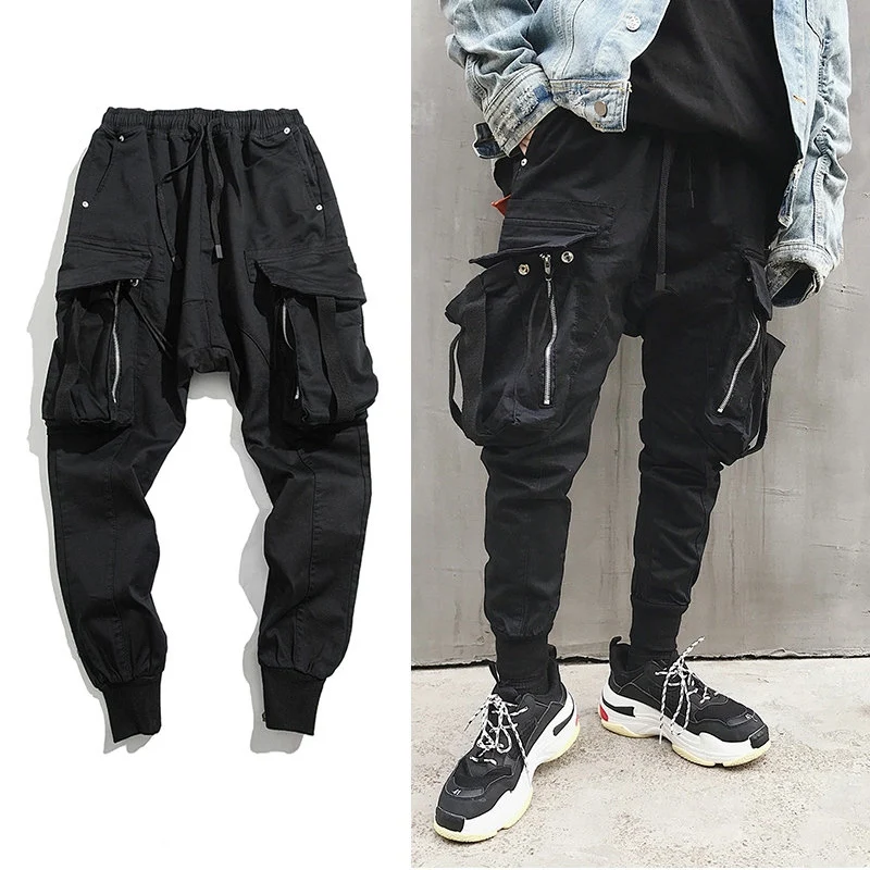 الهيب هوب كبير جيب سراويلي حريمي الرجال السود القطن ركض الرجال الشارع الشهير عارضة ضئيلة Sweatpants الذكور رجل السراويل الترنك