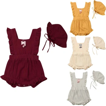 

Toddler Baby Girls Clothes Solid Cotton Rompers+Beanie Hat Straps Ruffle Romper Jumpsuit Newborn Girl Kid Playsuit Outfits 0-24M