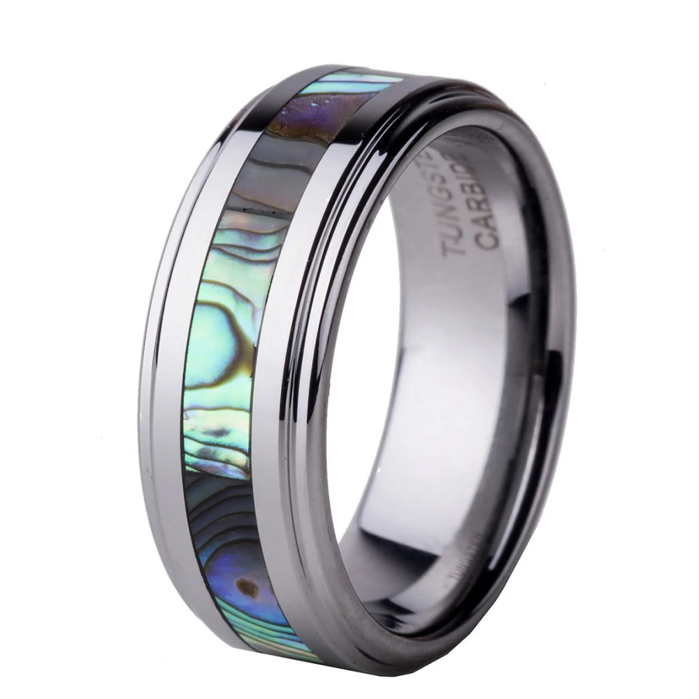 Natural Colorful Abalone Shell Inlay 8mm Men's Tungsten Carbide Ring